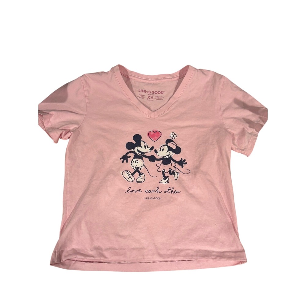 Life is Good Mickey Minnie Mouse Love Each Other Pink Crusher V-Neck Tee XS